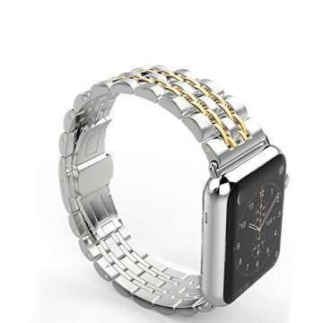 HUANLONG Solid Stainless Steel Band Compatible with Apple Watch 49mm 46mm 45mm 44mm 42mm 41mm 40mm 38mm, Metal Strap for iWatch Series Ultra/Ultra2/10/9/8/7/6/5/4/3/2/1 SE Women and Men(LS 42mm/44mm/45mm/46mm/49mm Silver/Gold)