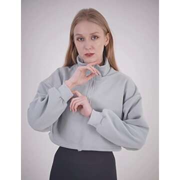 Haellun Women's Long Sleeve Half Zip Fleece Lined Crop Top Pullover Sweatshirt (Blue, Small)