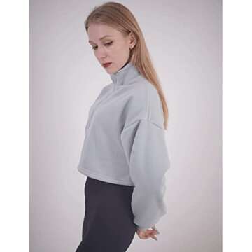 Haellun Women's Long Sleeve Half Zip Fleece Lined Crop Top Pullover Sweatshirt (Blue, Small)