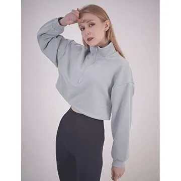 Haellun Women's Long Sleeve Half Zip Fleece Lined Crop Top Pullover Sweatshirt (Blue, Small)