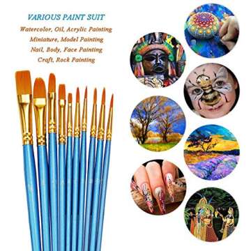 BOSOBO Pointed-Round Paint Brush, 4 Sets of 10 Pieces Fine Tip Nylon Hair Miniature Paint Brushes for Acrylic Oil Watercolor Gouache, Artist Face Nail Body, Paint by Numbers, Model Craft & Rock Art