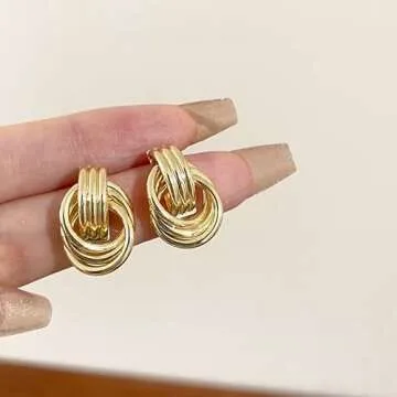 Chunky Gold Knot Earrings for Women Trendy Small Gold Hoop Earrings Geometry Drop Dangle Earrings Statement Stud Earrings Lightweight Fashion Jewelry Gift (B:Silver-Knot)
