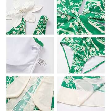 One Piece Swimsuit for Women with Cover Ups Two Pieces Push Up Bathing Suits High Cut Hollow Out Cheeky Bikini Set Floral Vintage Halter Bikini Swimsuit Flattering Sexy Swimwear Green Flower (2PCS) M