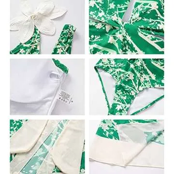 One Piece Swimsuit for Women with Cover Ups Two Pieces Push Up Bathing Suits High Cut Hollow Out Cheeky Bikini Set Floral Vintage Halter Bikini Swimsuit Flattering Sexy Swimwear Green Flower (2PCS) M