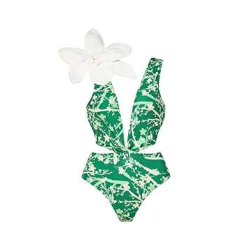 One Piece Swimsuit for Women with Cover Ups Two Pieces Push Up Bathing Suits High Cut Hollow Out Cheeky Bikini Set Floral Vintage Halter Bikini Swimsuit Flattering Sexy Swimwear Green Flower (2PCS) M