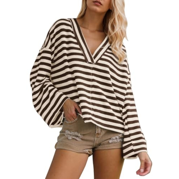 Burtell Women Vintage Striped Oversized Sweatshirts Casual Loose V Neck Long Sleeve Pullover Tops Fa...