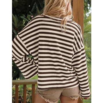 Burtell Women Vintage Striped Oversized Sweatshirts Casual Loose V Neck Long Sleeve Pullover Tops Fall Color Block Tunic Top Brown