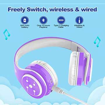 Kids Headphones Bluetooth Wireless 85db/110db Volume Limit Noice Protection Headset Over-Ear and Build-in Mic AUX 3.5mm Wired Headphones for Children Boys Girls Travel School Phone Tablet PC Purple