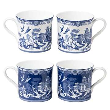 Grace Teaware Blue Willow Bone China Coffee Tea Mugs 10-Ounce (2 Assorted Patterns, Set of 4) (S1730...
