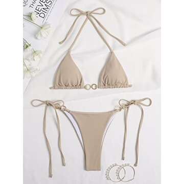 GORGLITTER Women's Ring Swimsuit Triangle Halter Tops High Cut Tie Side Thong Bikini Set Bathing Suit Khaki Small