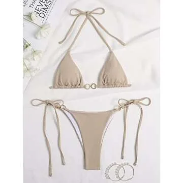 GORGLITTER Women's Ring Swimsuit Triangle Halter Tops High Cut Tie Side Thong Bikini Set Bathing Suit Khaki Small
