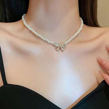 fxmimior Boho Shiny Pearl Rhinestones Bow Choker Necklaces Dainty Rhinestones Pearls Chunky Short 19...
