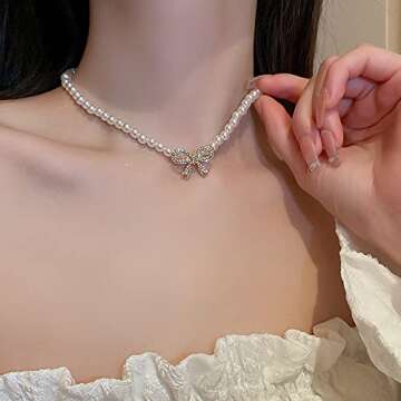 fxmimior Boho Shiny Pearl Rhinestones Bow Choker Necklaces Dainty Rhinestones Pearls Chunky Short 1920s Choker Necklace Choker Necklaces Prom Party Bar Accessories for Women