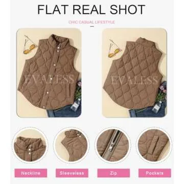 EVALESS Fall Spring 2025 Clothes for Women Cropped Puffer Vest Lightweight Quilted Stand Collar Sleeveless Jackets Warm Button Zip Up Coat Outerwear Gilet with Pockets Brown Large