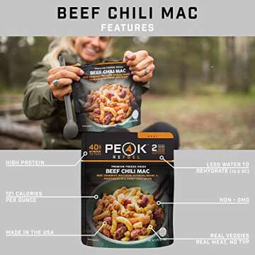 Peak Refuel Beef Chili Mac | Freeze Dried Backpacking and Camping Food | Amazing Taste | High Protein | Real Meat | Quick Prep (2 Serving Pouch)