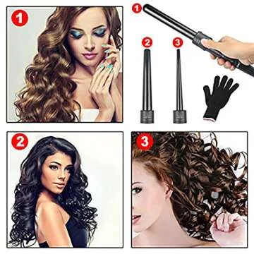 iMissiu Tourmaline 3 in 1 Curling Wand Set with 3 Interchangeable Curling Iron Ceramic Barrels with Heat Resistant Glove – Black