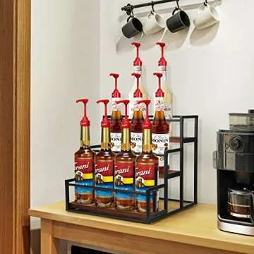 THYGIFTREE Coffee Syrup Rack Organizer Syrup Bottle Holder Stand for Coffee Bar 3-Tier 12 Bottles St...