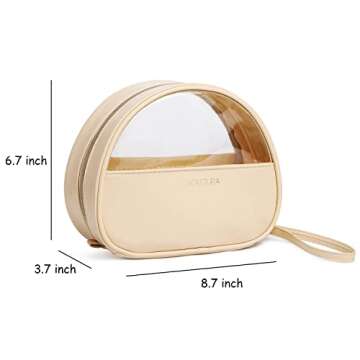 LACATTURA Clear Travel Makeup Bag, Small Vegan Leather Cosmetic Organizer, Transparent Toiletry Beauty Bag, Portable Zipper Pouch Storage Bag for Women, Apricot