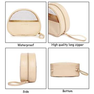 LACATTURA Clear Travel Makeup Bag, Small Vegan Leather Cosmetic Organizer, Transparent Toiletry Beauty Bag, Portable Zipper Pouch Storage Bag for Women, Apricot