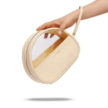 LACATTURA Clear Travel Makeup Bag, Small Vegan Leather Cosmetic Organizer, Transparent Toiletry Beauty Bag, Portable Zipper Pouch Storage Bag for Women, Apricot