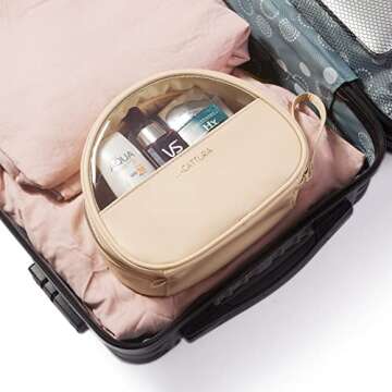 LACATTURA Clear Travel Makeup Bag, Small Vegan Leather Cosmetic Organizer, Transparent Toiletry Beauty Bag, Portable Zipper Pouch Storage Bag for Women, Apricot