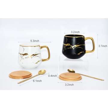 Classic Ceramic Kintsugi Style Coffee Tea Mug with Gold Inlay, Spoon and Bamboo Lid- 12 OZ, Set of 2...