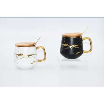 Classic Ceramic Kintsugi Style Coffee Tea Mug with Gold Inlay, Spoon and Bamboo Lid- 12 OZ, Set of 2- Large Mugs, Unique Design, Perfect Novelty Gift- Dishwasher Safe