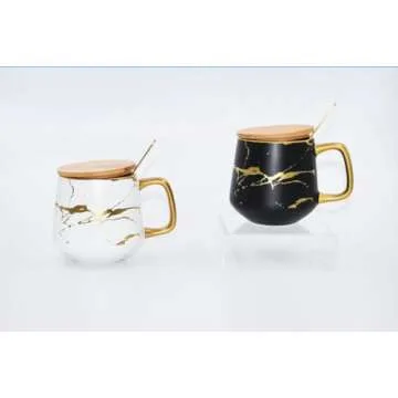 Classic Ceramic Kintsugi Style Coffee Tea Mug with Gold Inlay, Spoon and Bamboo Lid- 12 OZ, Set of 2- Large Mugs, Unique Design, Perfect Novelty Gift- Dishwasher Safe