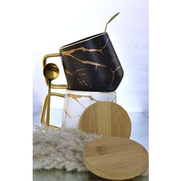 Classic Ceramic Kintsugi Style Coffee Tea Mug with Gold Inlay, Spoon and Bamboo Lid- 12 OZ, Set of 2- Large Mugs, Unique Design, Perfect Novelty Gift- Dishwasher Safe