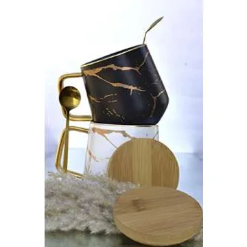 Classic Ceramic Kintsugi Style Coffee Tea Mug with Gold Inlay, Spoon and Bamboo Lid- 12 OZ, Set of 2- Large Mugs, Unique Design, Perfect Novelty Gift- Dishwasher Safe