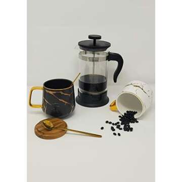 Classic Ceramic Kintsugi Style Coffee Tea Mug with Gold Inlay, Spoon and Bamboo Lid- 12 OZ, Set of 2- Large Mugs, Unique Design, Perfect Novelty Gift- Dishwasher Safe