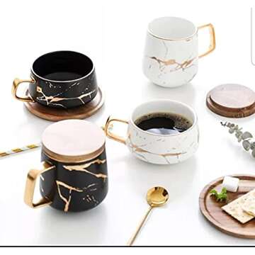 Classic Ceramic Kintsugi Style Coffee Tea Mug with Gold Inlay, Spoon and Bamboo Lid- 12 OZ, Set of 2- Large Mugs, Unique Design, Perfect Novelty Gift- Dishwasher Safe
