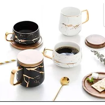 Classic Ceramic Kintsugi Style Coffee Tea Mug with Gold Inlay, Spoon and Bamboo Lid- 12 OZ, Set of 2- Large Mugs, Unique Design, Perfect Novelty Gift- Dishwasher Safe