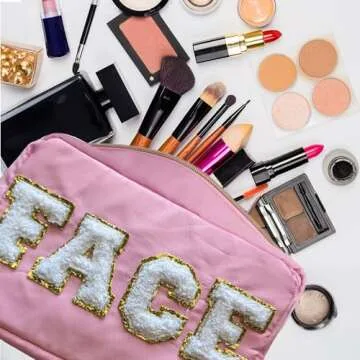 Small Preppy Makeup Bag - 4 Pieces - Chenille Letter Bag - Zipper Nylon Bags for Women and Girls Preppy Bags - Stuff Bag, Skin Bag, Hair Bag, Face Bag - Pastel Colors (Pink, Purple, Teal & Yellow)