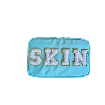 Small Preppy Makeup Bag - 4 Pieces - Chenille Letter Bag - Zipper Nylon Bags for Women and Girls Preppy Bags - Stuff Bag, Skin Bag, Hair Bag, Face Bag - Pastel Colors (Pink, Purple, Teal & Yellow)