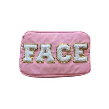 Small Preppy Makeup Bag - 4 Pieces - Chenille Letter Bag - Zipper Nylon Bags for Women and Girls Preppy Bags - Stuff Bag, Skin Bag, Hair Bag, Face Bag - Pastel Colors (Pink, Purple, Teal & Yellow)