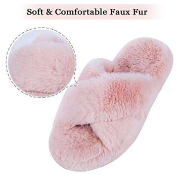 DL Fluffy Womens House Slippers Cross Band Open Toe, Soft Plush Fleece Bedroom Slippers Women Memory...