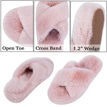 DL Fluffy Womens House Slippers Cross Band Open Toe, Soft Plush Fleece Bedroom Slippers Women Memory Foam, Comfy Fuzzy Slip On Non-Slip Womens Slippers Indoor Pink Gray Black White