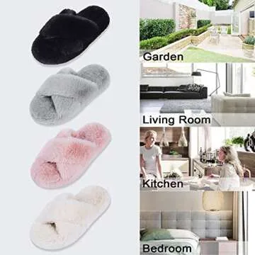 DL Fluffy Womens House Slippers Cross Band Open Toe, Soft Plush Fleece Bedroom Slippers Women Memory Foam, Comfy Fuzzy Slip On Non-Slip Womens Slippers Indoor Pink Gray Black White
