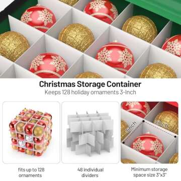 Keten Christmas Ornament Storage, Ornament Storage Box Fits 128 Holiday Ornaments 3-Inch,with Adjust...