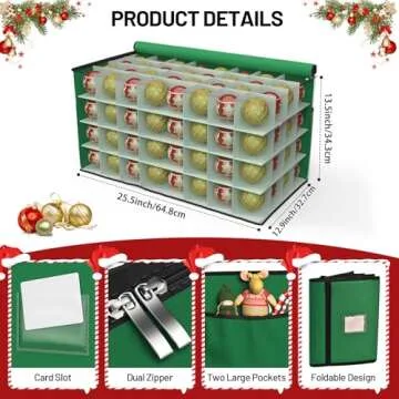 Keten Christmas Ornament Storage, Ornament Storage Box Fits 128 Holiday Ornaments 3-Inch,with Adjustable Dividers & Pockets, Dual Zipper Closure, 600D Tear-Proof Fabric (Green)