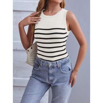 MEROKEETY Women's Ribbed Knit Tank Top 2025 Summer Casual High Neck Striped Sleeveless Shirts, White, S