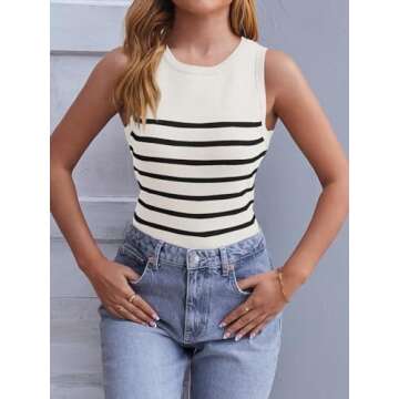MEROKEETY Women's Ribbed Knit Tank Top 2025 Summer Casual High Neck Striped Sleeveless Shirts, White, S