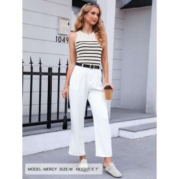 MEROKEETY Women's Ribbed Knit Tank Top 2025 Summer Casual High Neck Striped Sleeveless Shirts, White, S
