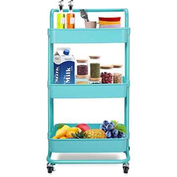 Blue 3 Tier Rolling Storage Trolley Cart for Organization