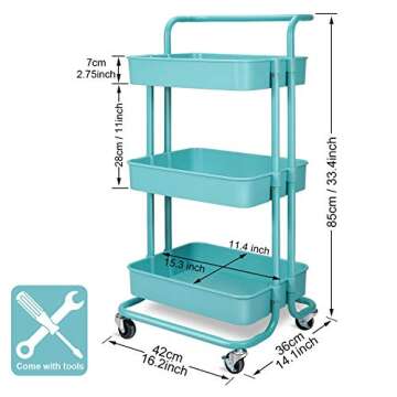 Blue 3 Tier Rolling Storage Trolley Cart for Organization