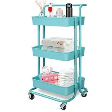Blue 3 Tier Rolling Storage Trolley Cart for Organization