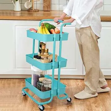 Blue 3 Tier Rolling Storage Trolley Cart for Organization