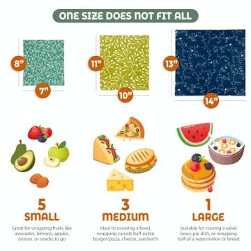 Akeeko Reusable Beeswax Food Wraps - Assorted 9 Packs, Reusable, Plastic-Free Food Storage, 5 Small, 3 Medium, 1 Large Wraps with Abstract Curves Pattern