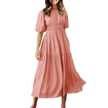 ECOWISH Summer Dresses for Women 2024 Casual Short Puff Sleeve Crew Neck Smocked High Waist A Line T...